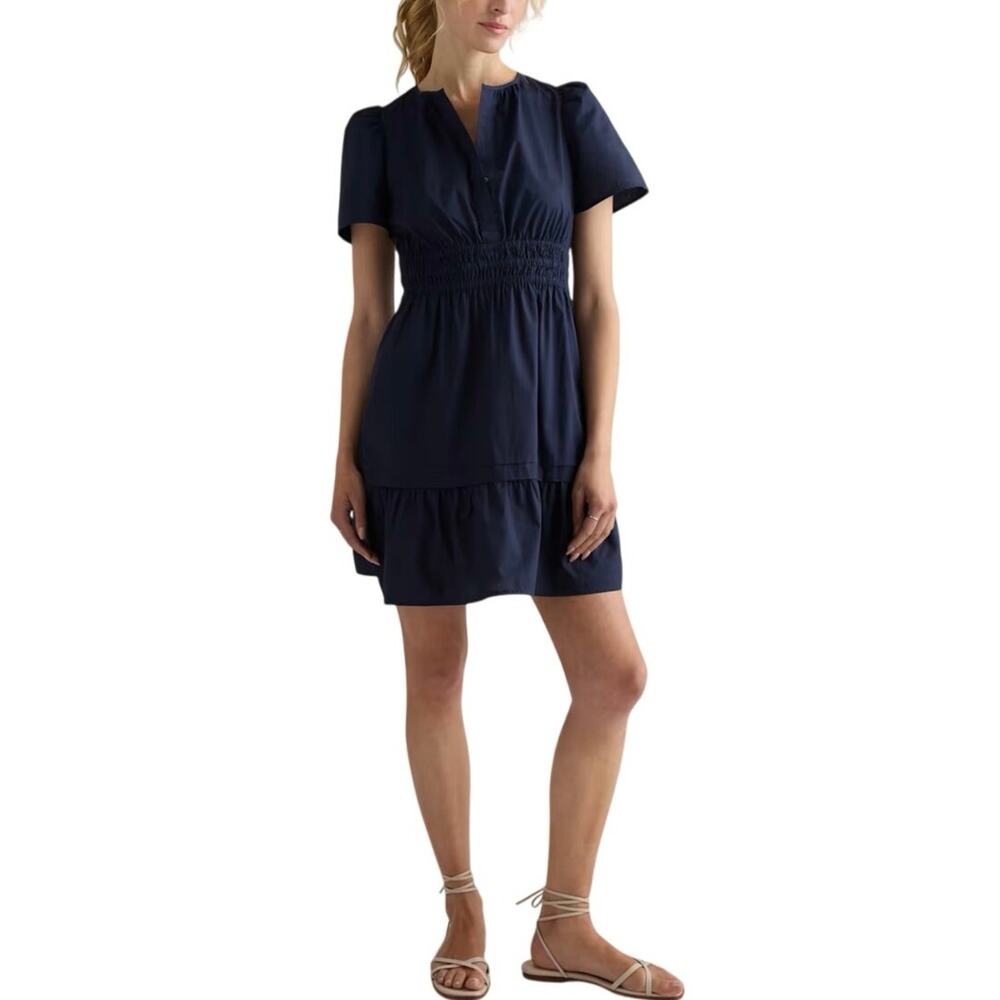 Quince Navy Short-Sleeve Smocked Waist Mini Dress